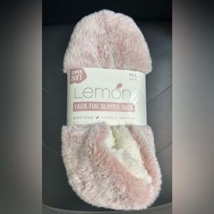Lemon Pink and White Faux Fur Slipper Socks